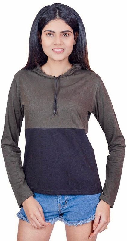 Women Colorblock Hooded Neck Viscose Rayon Black, Grey T-Shirt