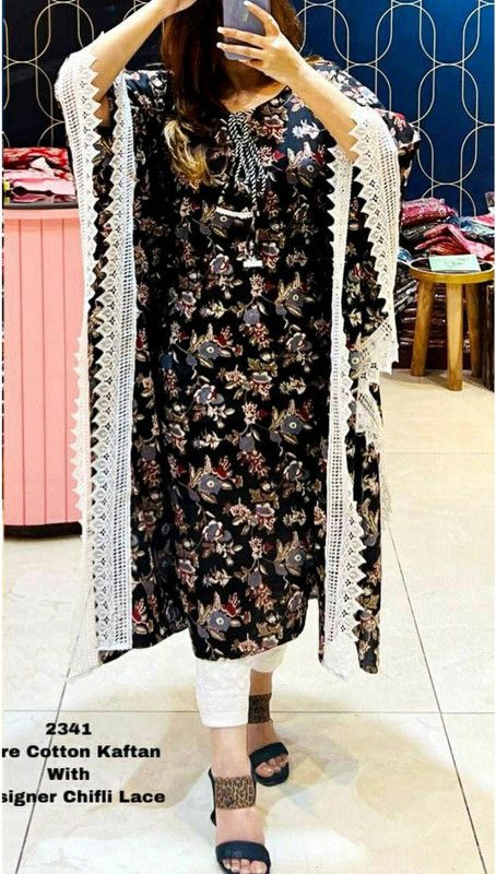 Women Printed Cotton Rayon Kaftan Kurta  (Blue)