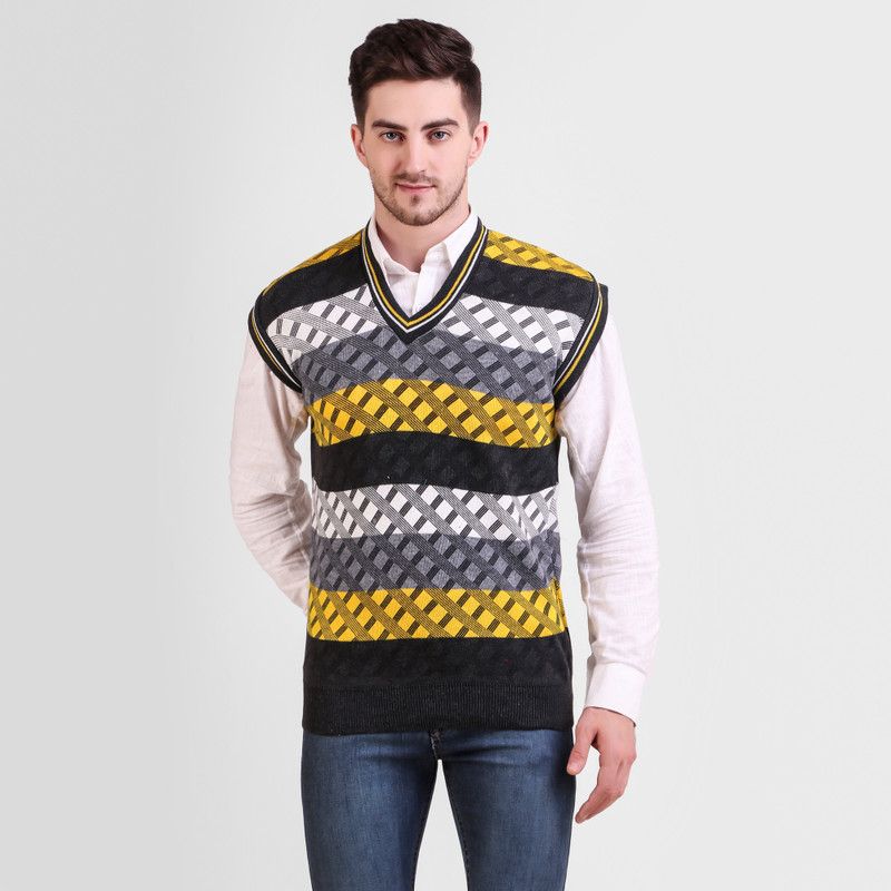 Men Striped V Neck Yellow, Grey Sweater