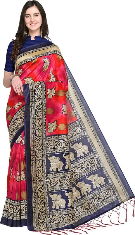 Printed Bhagalpuri Art Silk Saree  (Red, Pink)