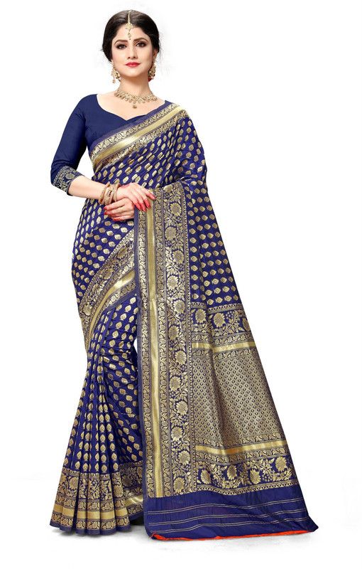 Woven Banarasi Silk Blend, Art Silk Saree  (Blue, Gold)