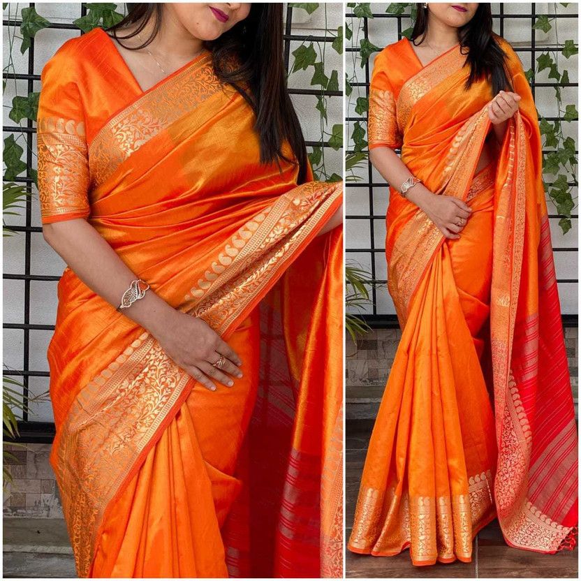 Self Design Bollywood Jacquard Saree  (Orange)