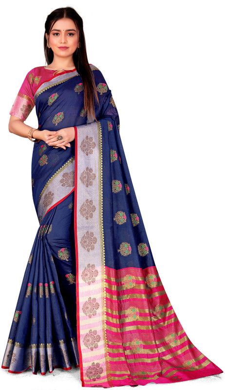 Kanjivaram Cotton Blend, Chanderi Saree  (Dark Blue, Pink)