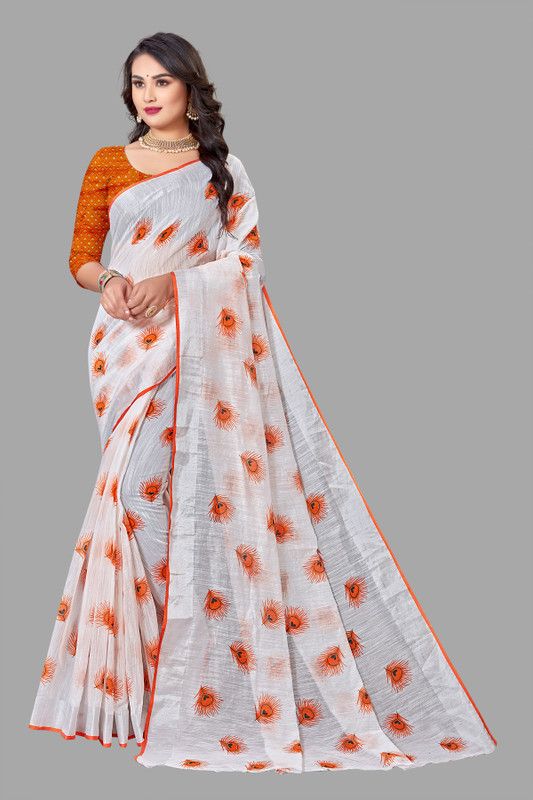 Woven, Embellished Daily Wear Cotton Linen Saree  (Orange, White)
