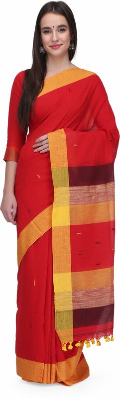 Striped Handloom Cotton Blend Saree  (Red)