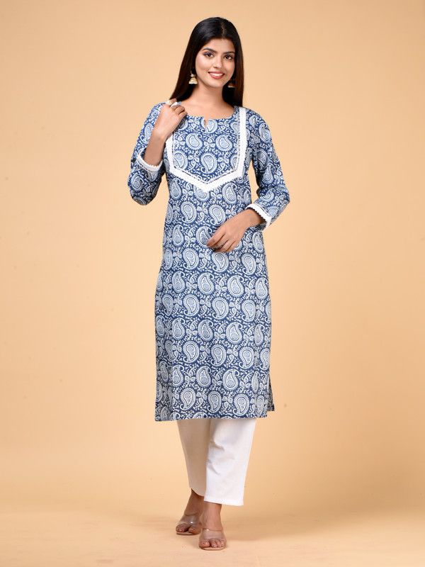 Women Printed Cotton Blend Straight Kurta With Attached Dupatta  (Blue)