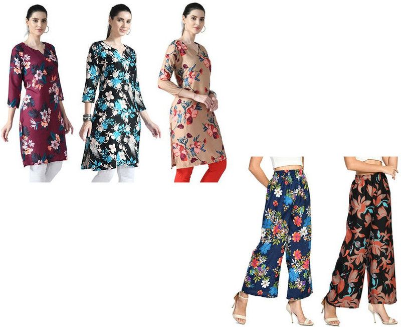 Pack of 5 Women Printed Crepe Straight Kurta  (Brown, Blue, Black)