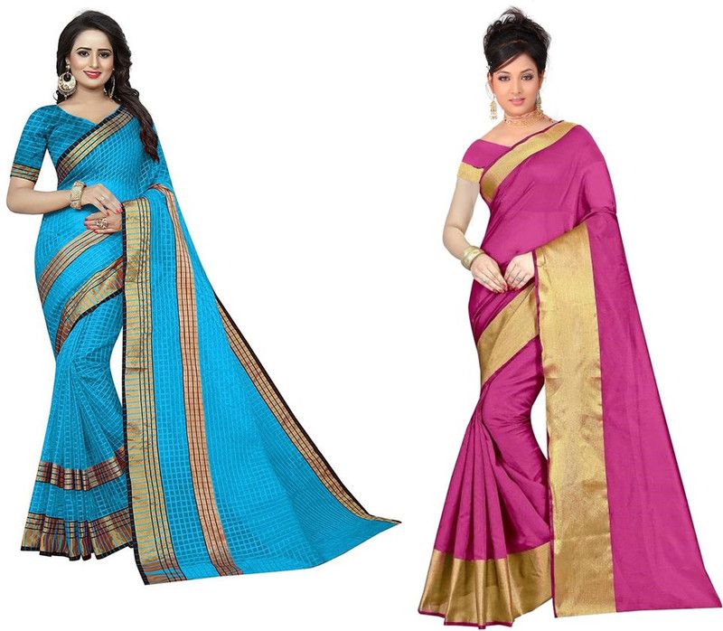 Woven Paithani Cotton Silk Saree  (Pack of 2, Blue)