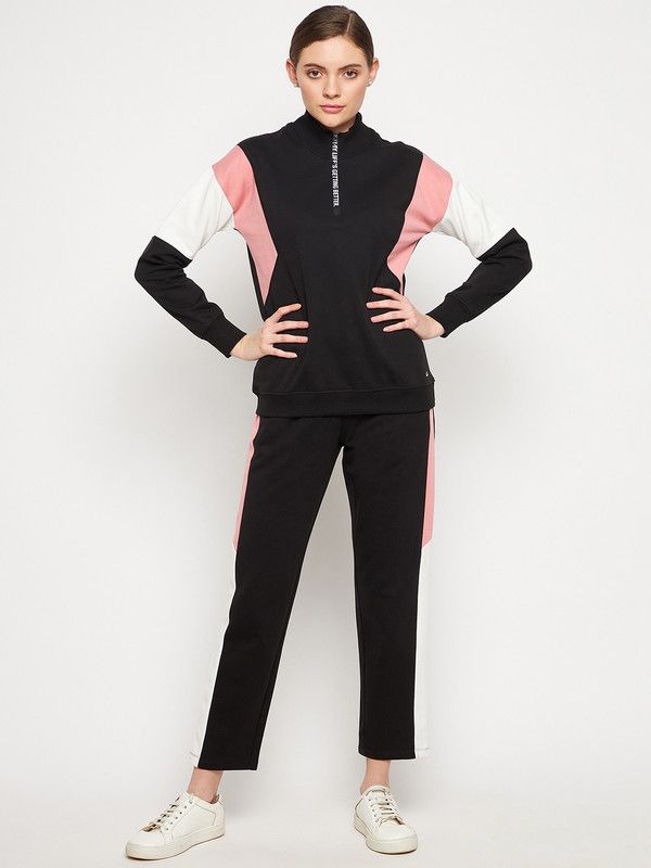 Women Top & Pyjama Set Black Colorblock