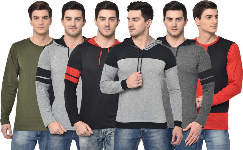 Pack of 6 Men Colorblock Hooded Neck Cotton Blend Multicolor T-Shirt