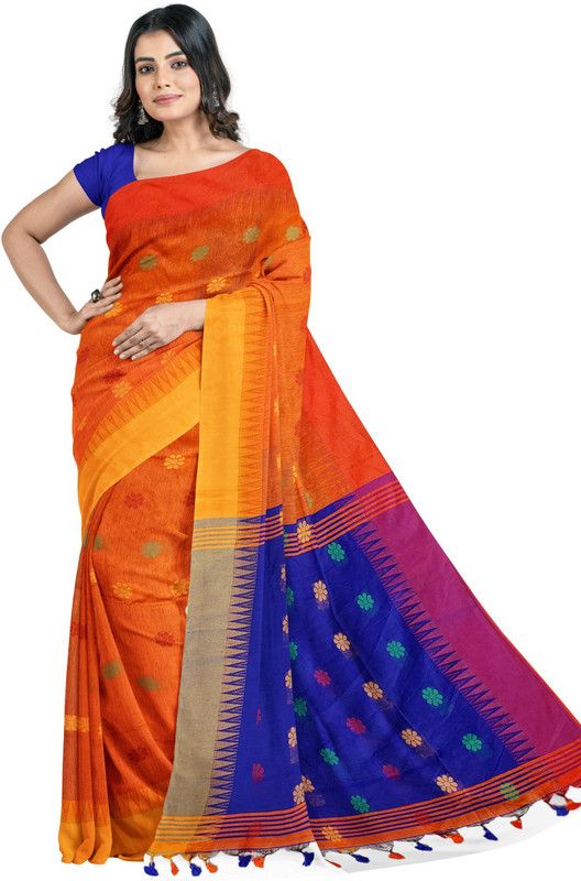 Woven Narayanpet Handloom Cotton Blend Saree  (Orange)