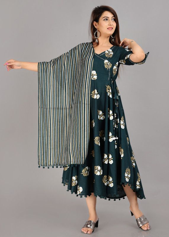 Women Floral Print Cotton Rayon Flared Kurta With Attached Dupatta  (Green)