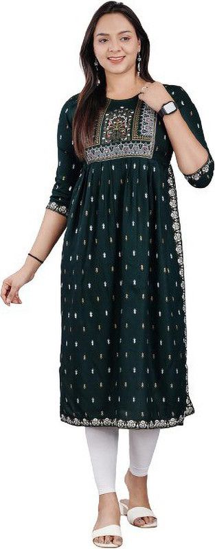 Women Printed Viscose Rayon Frontslit Kurta  (Dark Green)