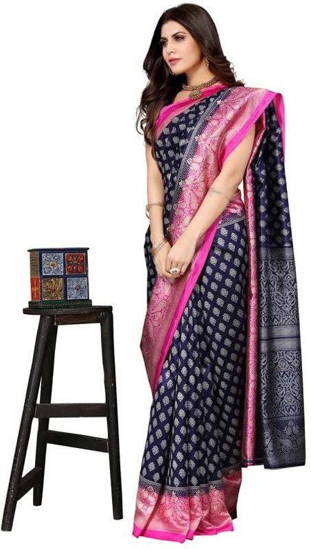 Digital Print, Printed, Woven, Paisley Banarasi Pure Silk Saree  (Dark Blue)