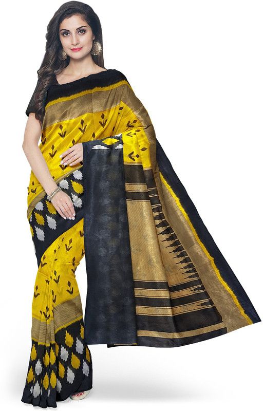 Printed Daily Wear Organza Saree  (Yellow, Black)