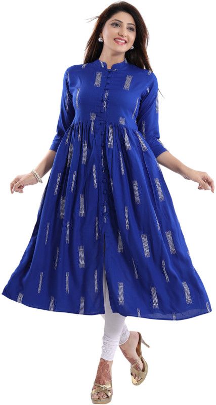 Women Printed Cotton Rayon A-line Kurta  (White, Blue)