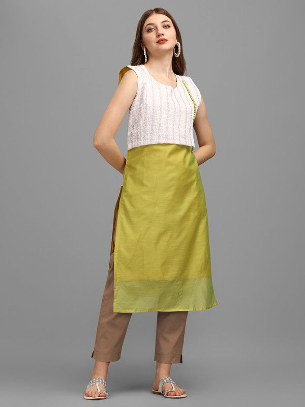 Women Embellished Satin A-line Kurta  (Green, White)