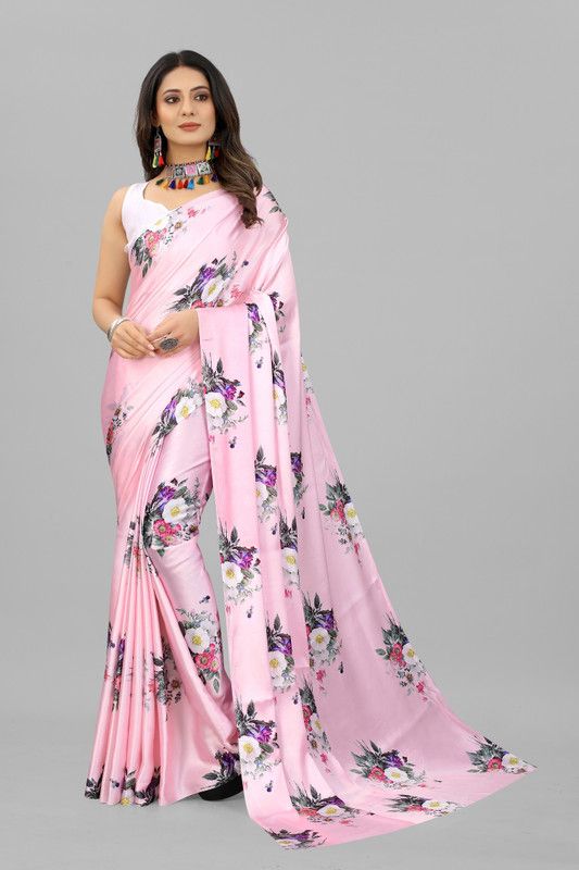 Floral Print Bollywood Satin Saree  (Magenta)