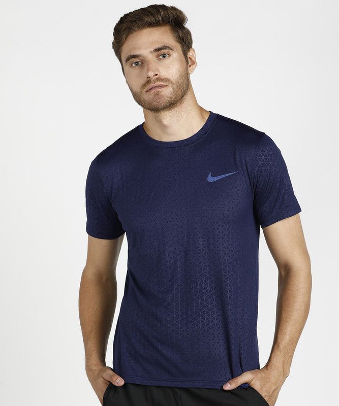 Men Geometric Print Round Neck Polyester Blue T-Shirt