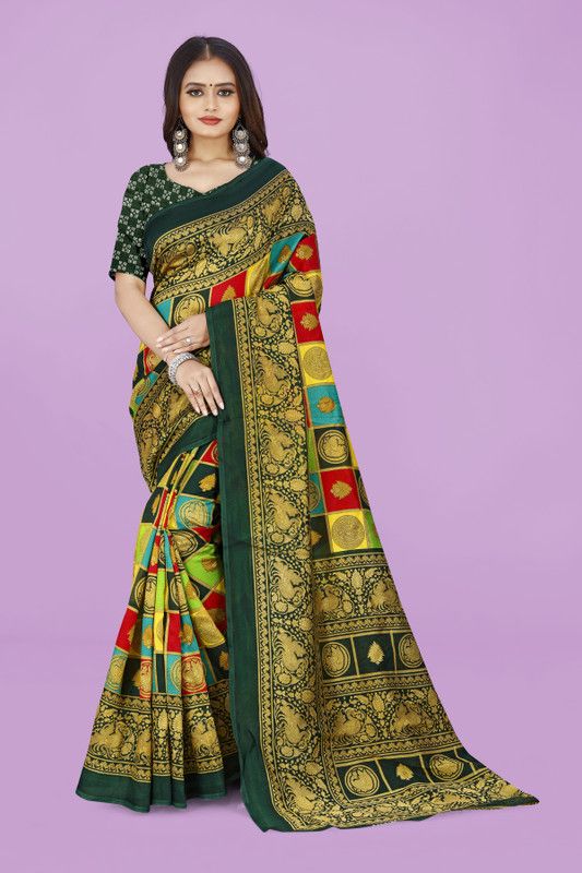 Patola Cotton Silk Saree  (Gold, Green)