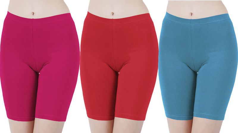 Pack of 3 Solid Women Pink, Red, Blue Cycling Shorts