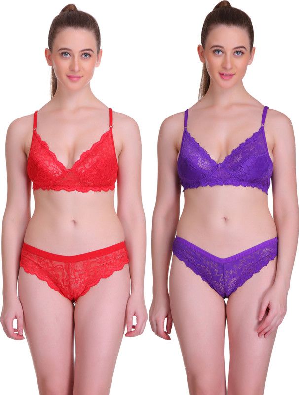 Bra & Panty Set Embroidered Purple, Red Lingerie Set