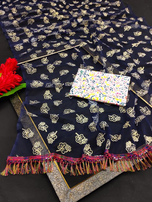 Printed Bollywood Net Saree  (Dark Blue)