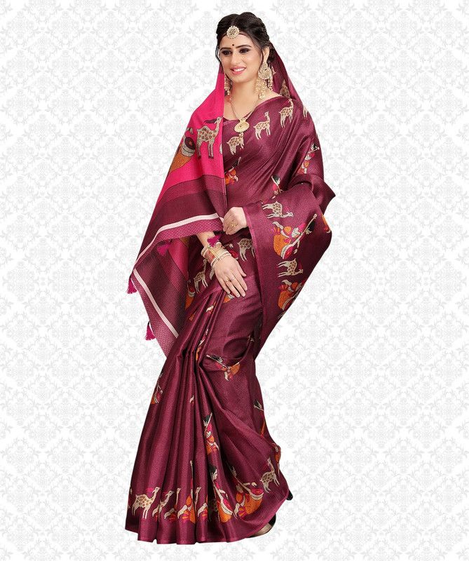 Printed Kalamkari Cotton Blend Saree  (Magenta)