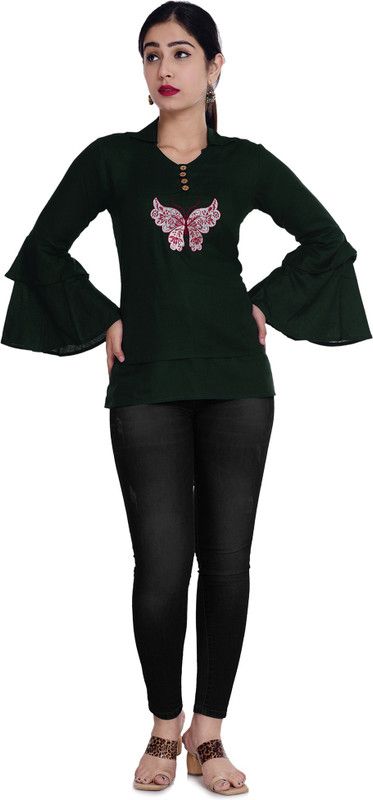 Casual Bell Sleeves Embroidered, Embellished, Solid Women Dark Green Top