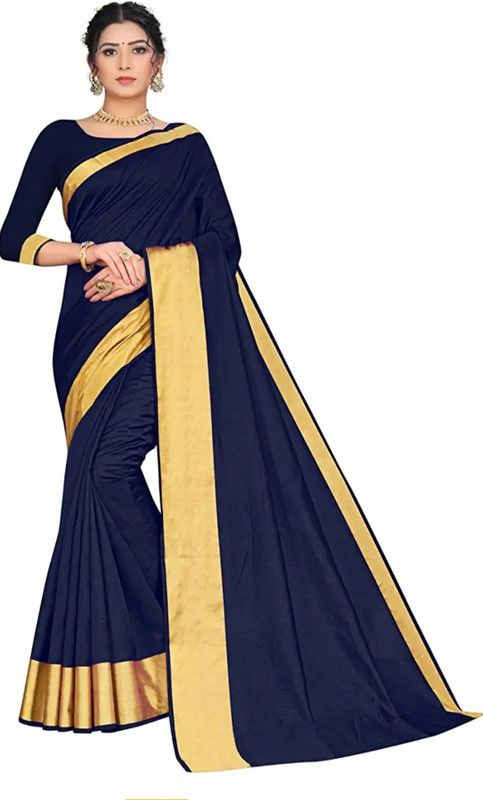 Self Design Banarasi Cotton Blend Saree  (Dark Blue)
