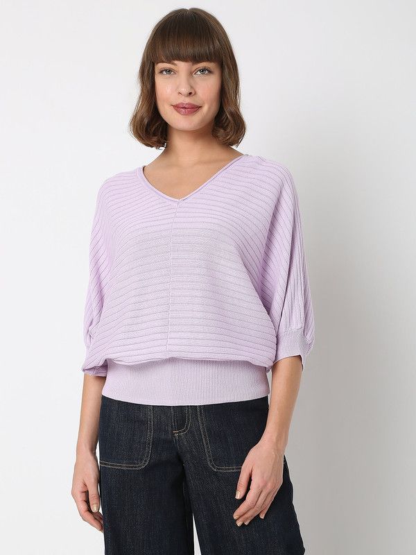 Women Self Design V Neck Purple Sweater