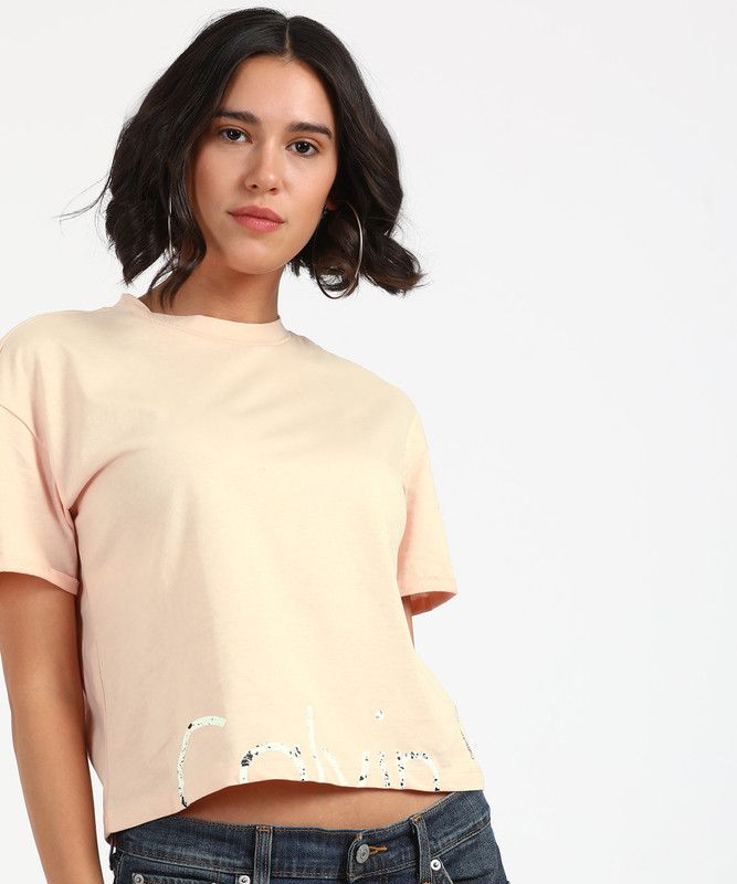 Women Solid Round Neck Pure Cotton Beige T-Shirt