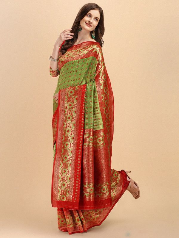 Woven Banarasi Pure Silk Saree  (Red, Light Green)
