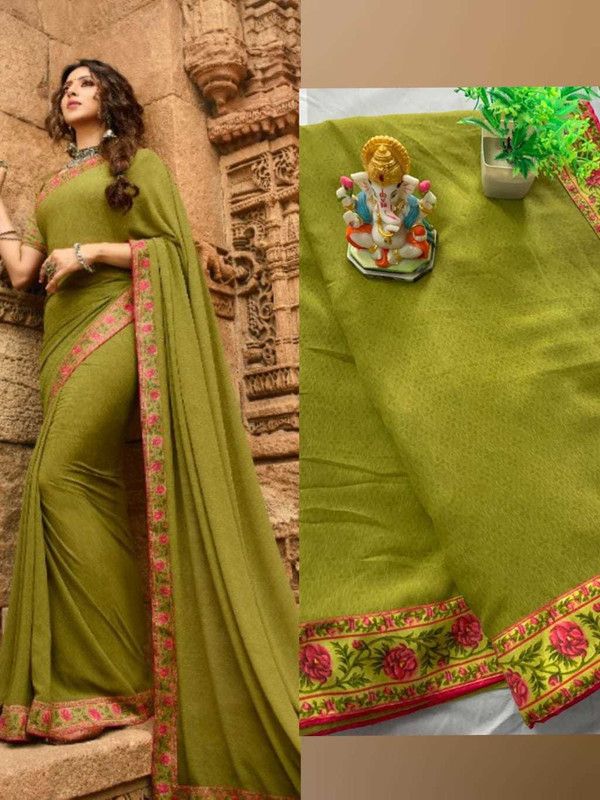 Printed, Self Design, Geometric Print, Graphic Print, Floral Print, Polka Print, Solid/Plain Bollywood Georgette, Chiffon Saree  (Light Green)