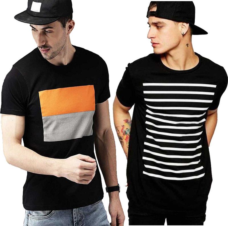 Pack of 2 pack of 2 Stylish T-Shirts Men Printed Round Neck Cotton Blend Black T-Shirt