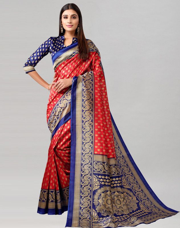 Printed, Floral Print, Geometric Print Daily Wear Cotton Silk, Silk Blend Saree  (Red, Blue)