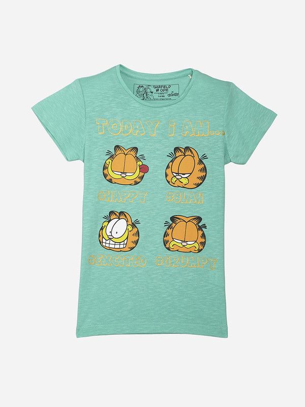 GARFIELD Girls Graphic Print Pure Cotton T Shirt  (Green, Pack of 1)