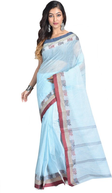 Woven Tant Cotton Blend, Pure Cotton Saree  (Light Blue)