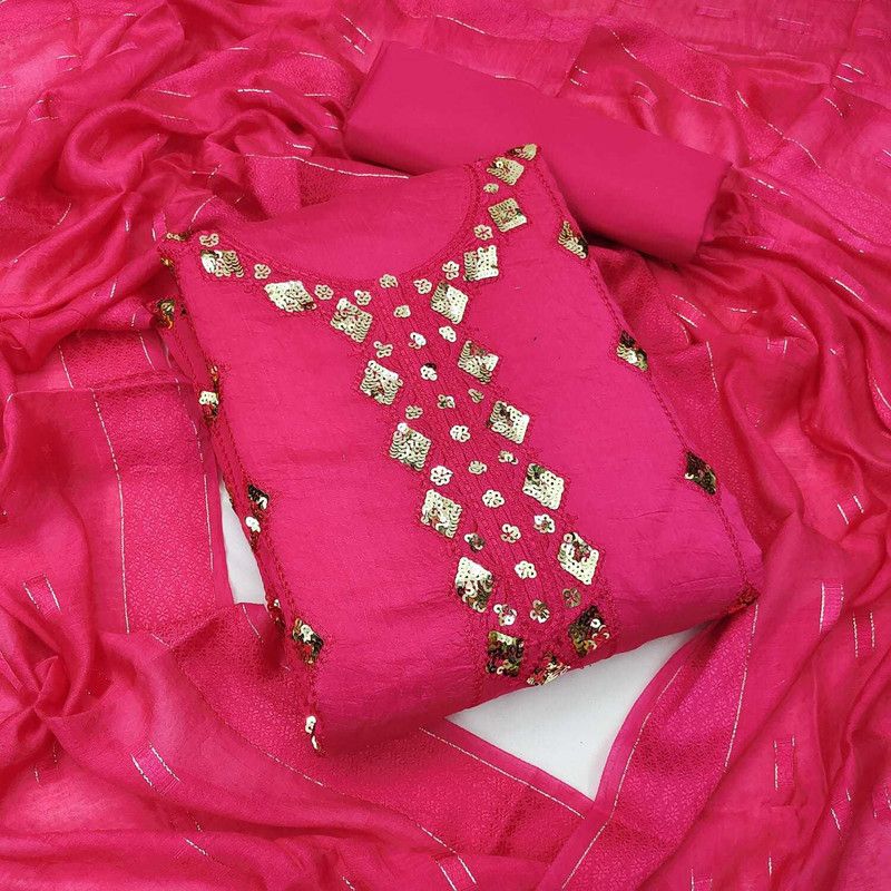 Unstitched Chanderi Salwar Suit Material Embroidered, Embellished