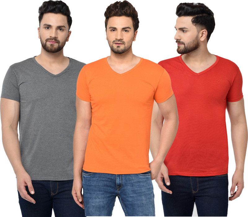 Pack of 3 V neck Combo T-shirts Multicolor Men Solid V Neck Cotton Blend Red, Orange, Grey T-Shirt