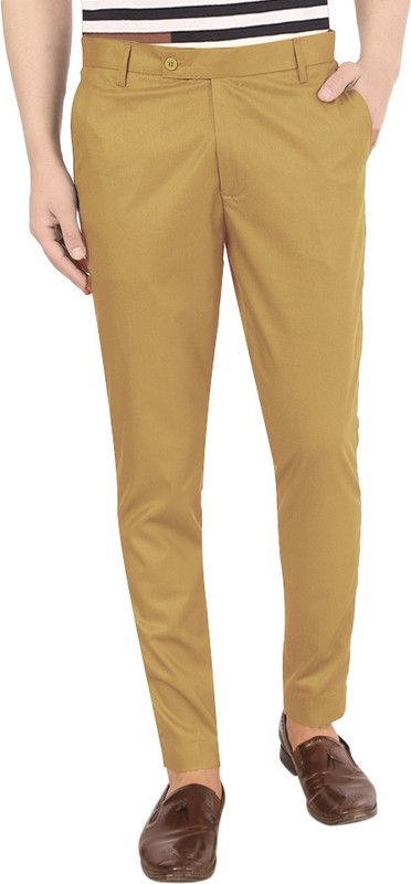 Men Regular Fit Gold Lycra Blend Trousers