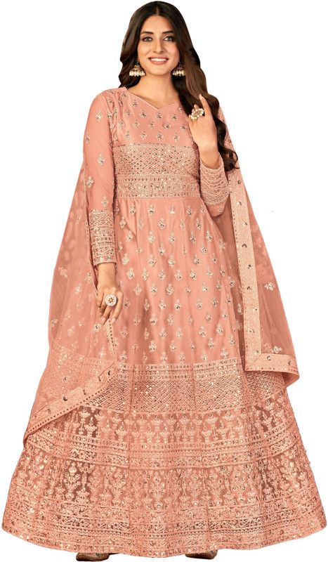 Unstitched Net/Lace Gown/Anarkali Kurta & Bottom Material Embroidered, Embellished