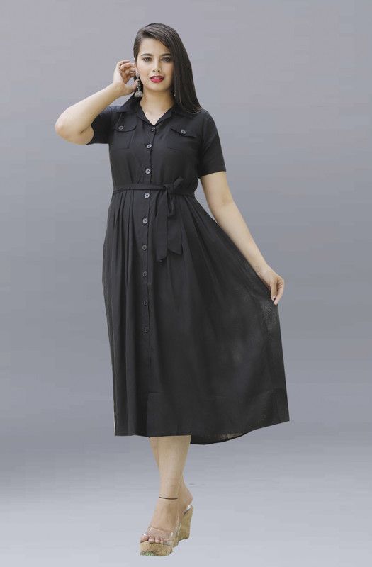 Women Pleated Black Dress