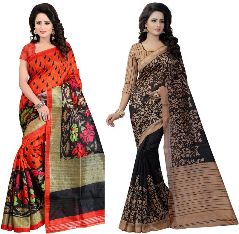Printed Bhagalpuri Cotton Silk Saree  (Pack of 2, Multicolor)