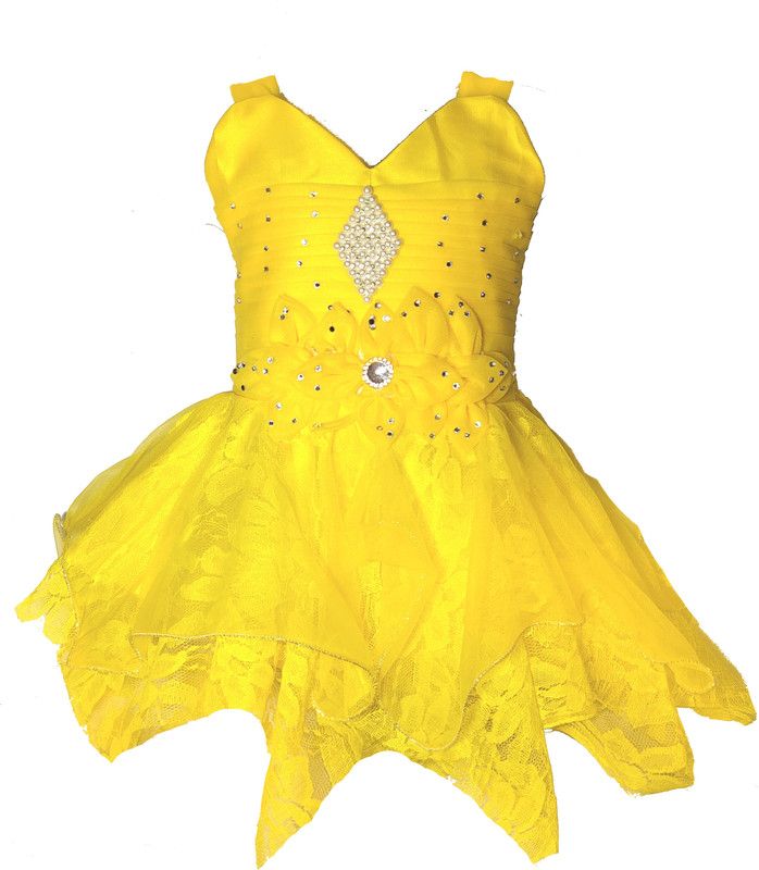 Midi/Knee Length Festive/Wedding Dress  (Yellow, Sleeveless)