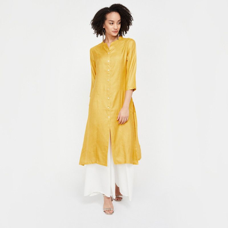 Women Self Design Viscose Rayon Straight Kurta  (Yellow)