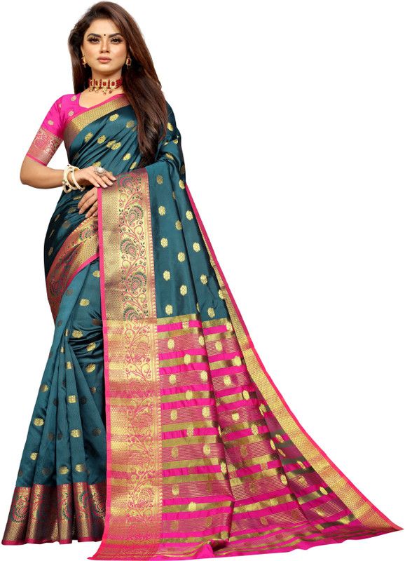 Kanjivaram Cotton Silk Saree  (Dark Blue)