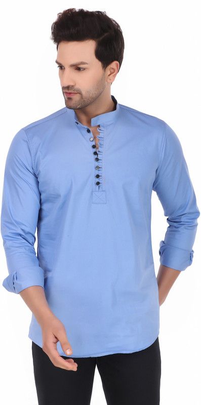 Men Washed Cotton Blend Straight Kurta  (Light Blue)