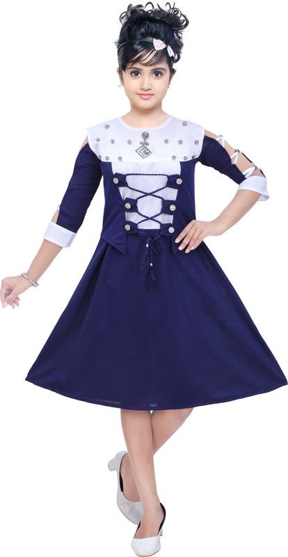 Girls Midi/Knee Length Party Dress  (Blue, 3/4 Sleeve)
