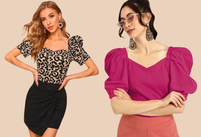 Pack of 2 Casual Puff Sleeves Printed Women Pink Top